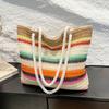 Bohemian Style Strip Weave Bag Beach Handbag Hollow Tote Bag Casual Rainbow Beach Bag  Vacation