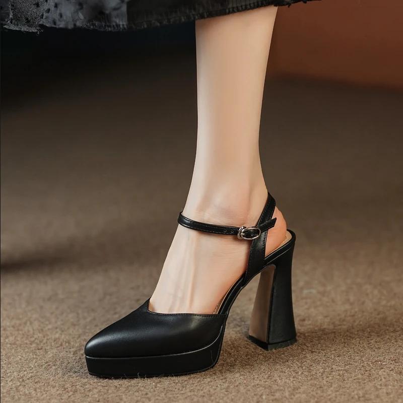 Fashion Women's High Heel Sandals Pointed Toe One-line Buckle Square Heel Shoes Women Dress Cover Toe French Elegant Sandalias De Mujer