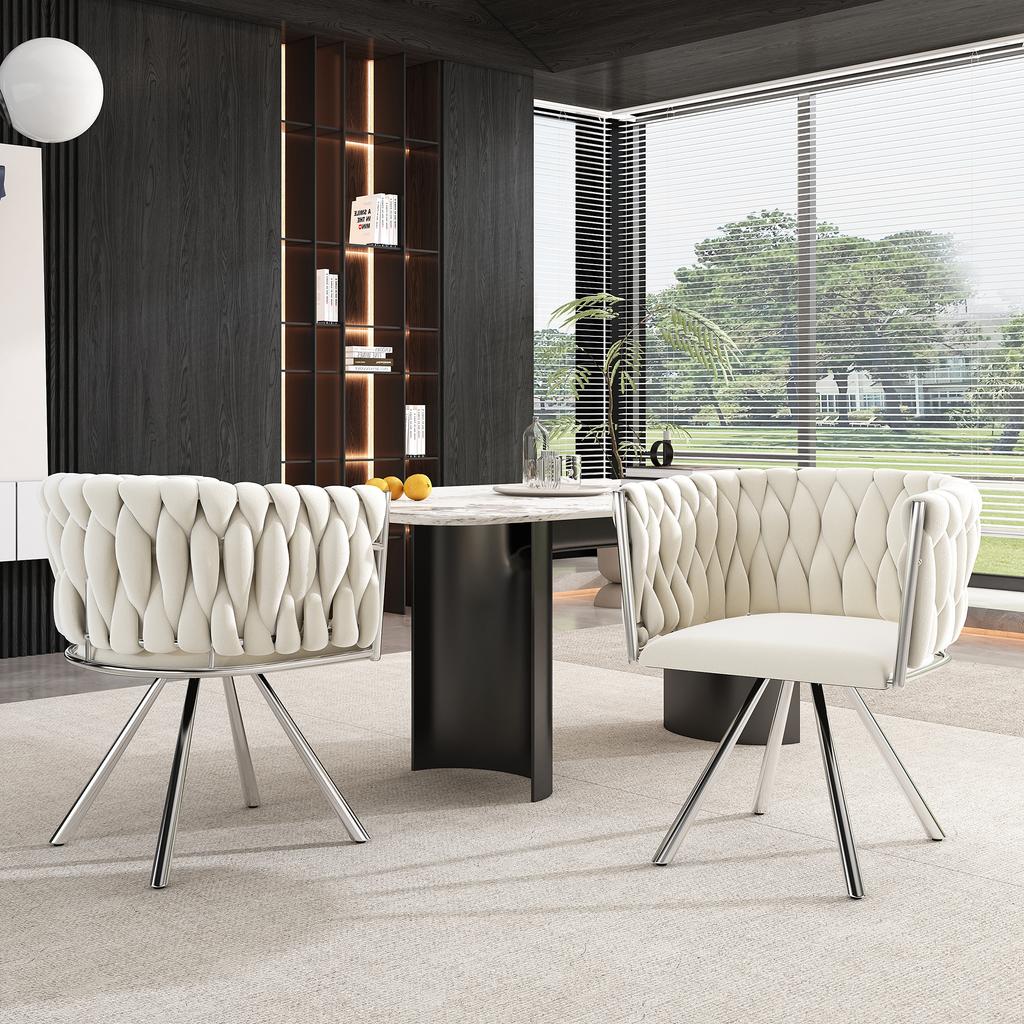 Velvet Dining Chair, Set of 2, Single Light Luxury Living Room Bedroom Swivel Chair, Leisure Swivel Chair with Four Metal Support Legs, Beige+Silver