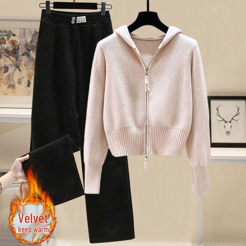 Сладкий осенне-зимний женский вязаный костюм с капюшоном на двойной молнии