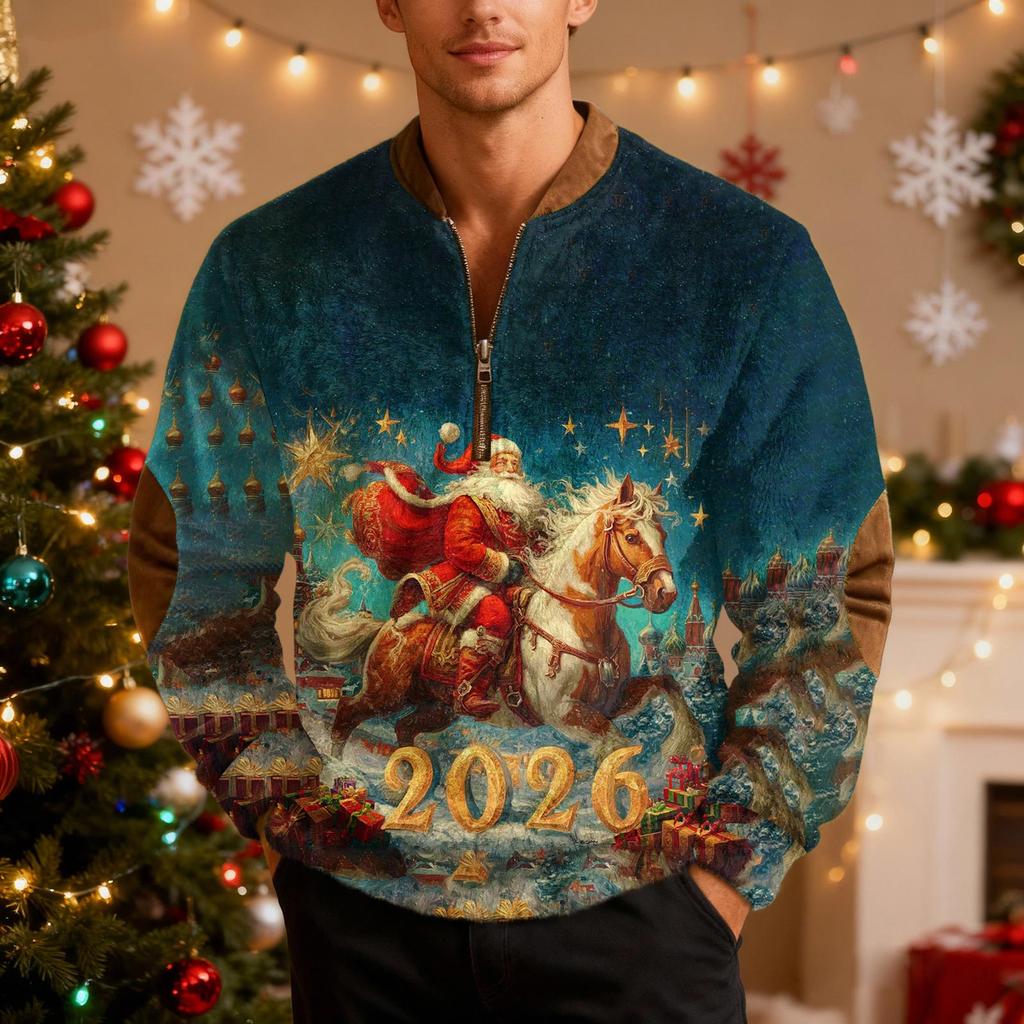 Мужской рождественский свитер на молнии, винтажный вязаный графический свитшот, рождественский пуловер со стойкой