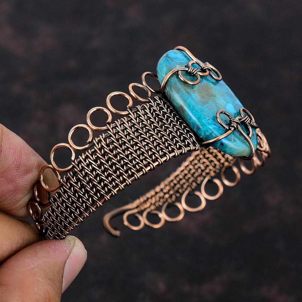 Браслет из хризоколлы, медная проволока, браслет-манжета, регулируемый браслет, ручная работа, проволочная обертка, ювелирные изделия из драгоценных камней, медные украшения для подарка