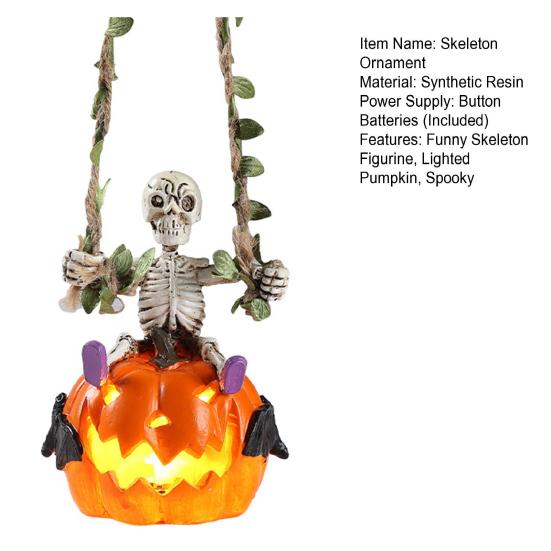 Creative Holiday Gift for Adults Swing Skeleton with Lighted Pumpkin, Light-up Ornament, Halloween Ornament Hanging Statue Indoor Front Porch