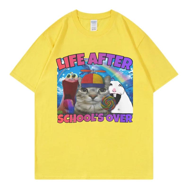 Life After Schools Over Funny Cat Meme T Shirt Harajuku Y2k Style Short Sleeve Tshirt Unisex Unisex Casual Fashion Loose Tshirts