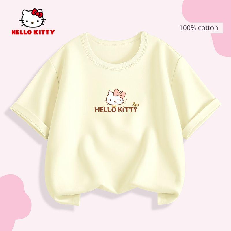 Hello Kitty Girls' White T-Shirt Children's Short-Sleeved Summer Wear Pure Cotton Simple Solid Color Top Breathable and Sweat-Absorbent Trendy