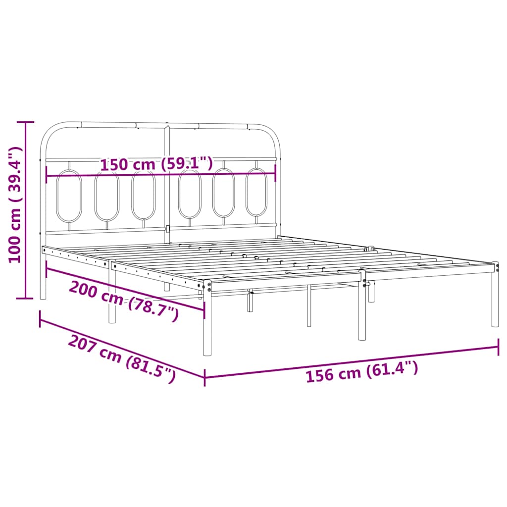 Metal Bed Frame with Headboard Black 150 x 200 cm