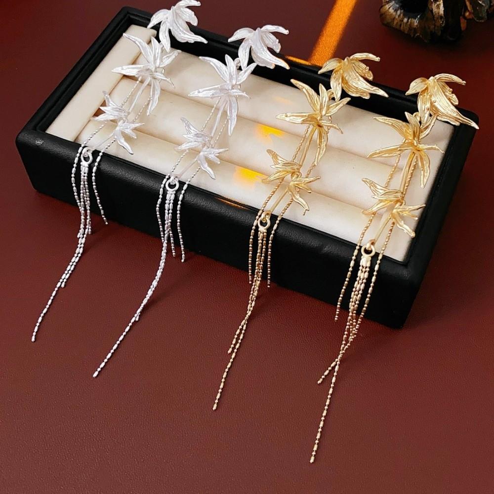 Chinese Ancient Style Long Tassel Dangle Earrings Zinc Zinc Alloy Ear Jewelry Bamboo Leaf Earrings Women