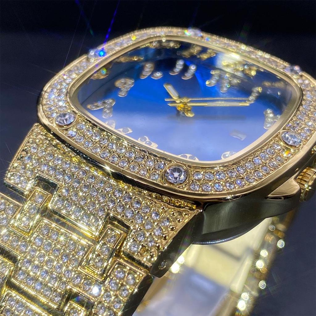 Luxury Diamond Watch for Men Hip Hop Style Bling Iced Out Wristwatch Fashion Square Steel Waterproof Clock