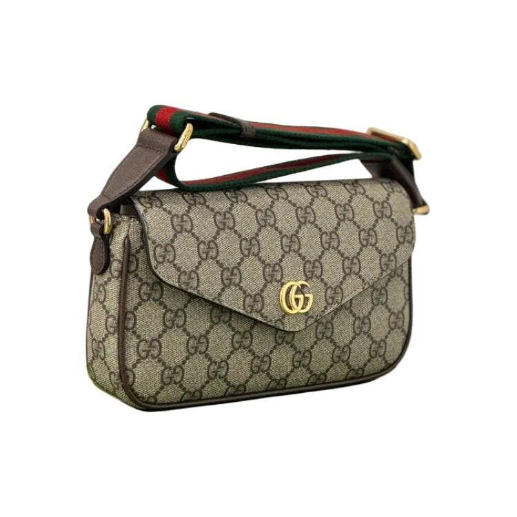 Gucci Ophidia Сумка на плечо мини с логотипом Double G, застежкой на кнопку, из канвы и кожи, женская, коричневая 764961-96IWG-8745