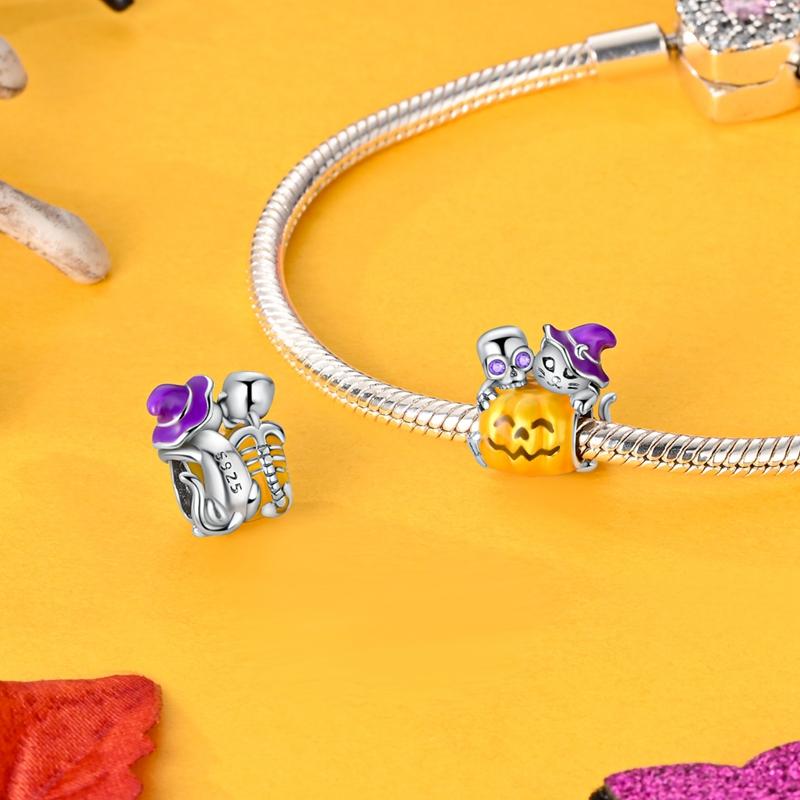 925 Silver Pumpkin Head Beads & Flying Witch Dangle Charm Fits Bracelet Halloween Pendant Accessories Gifts
