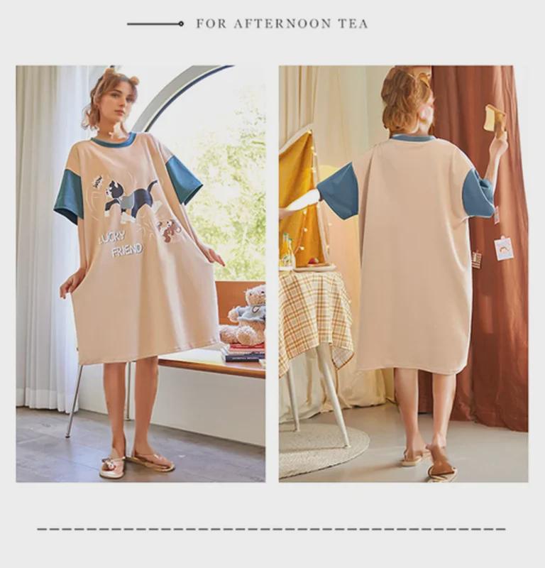 Милая хлопковая летняя ночная рубашка с рисунком для женщин – свободный крой, короткий рукав, корейский стиль, юбка средней длины