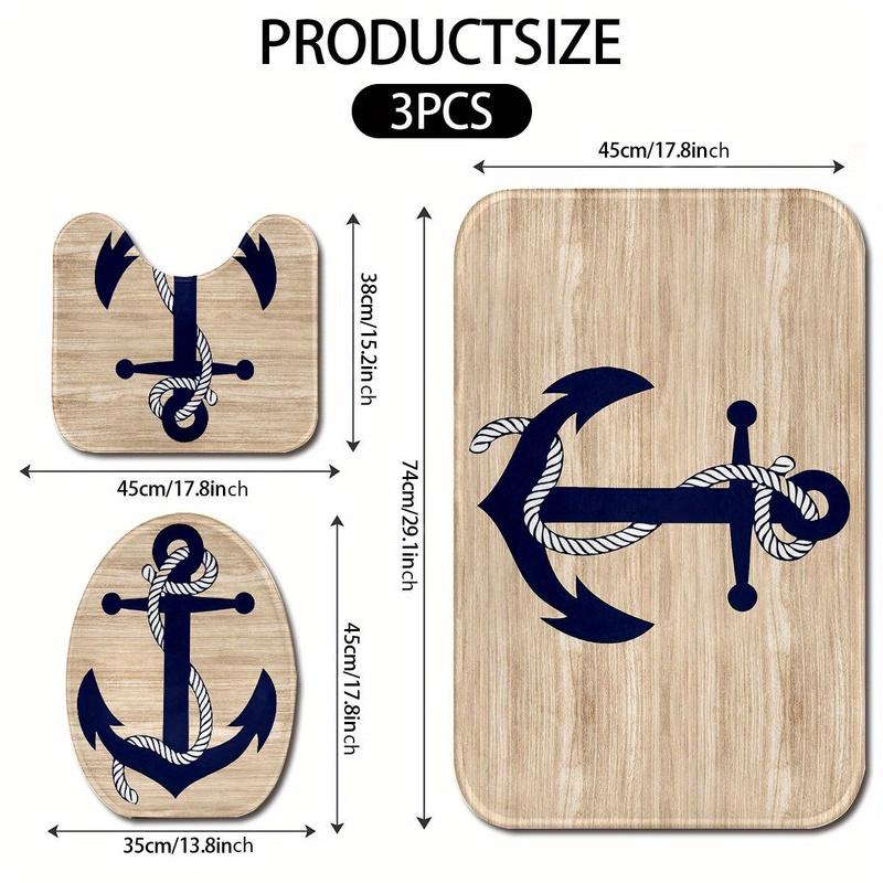 3pcs Sailing Boat Anchor Bathroom Rug Set Non-Slip U-Shaped Mat and Toilet Lid Cover Ocean Nautical Theme Washable Floor Mats