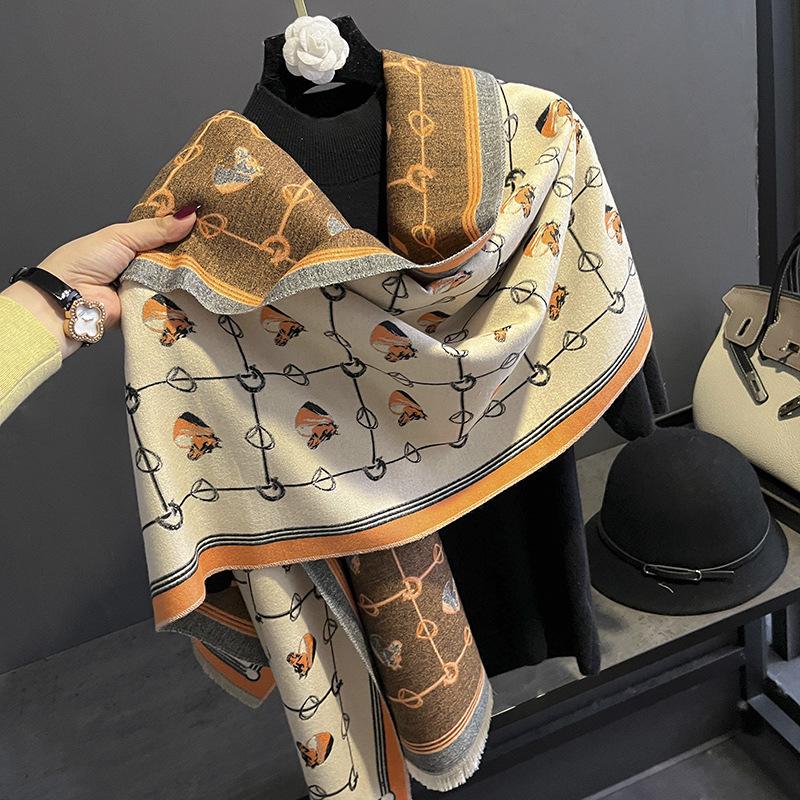 Imitation Cashmere Print Scarf Women Winter Double Thick Shawl