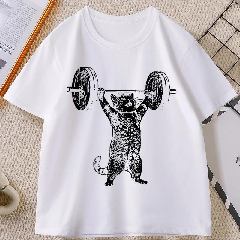 Funny Cat Gym T Shirt Unisex Unisex Cat Workout Tshirt Vintage Gym Tshirt Casual Round Neck Short Sleeve T Shirt Streetwear