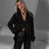 Women Sequin Lapel Women's Shirt Casual Glitter Loose Long Sleeve Retro Sexy See-through Women's Black Shirt Streetwear