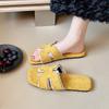 2025 Summer Trendy Imitation Leather Flat Bottom One-word Slippers Women's Wear Fashion Versatile Casual Denim Cool Slippers