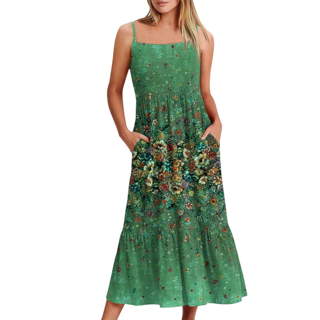 Женское длинное пляжное повседневное элегантное платье макси на тонких бретельках с цветочным принтом, струящееся платье в стиле бохо