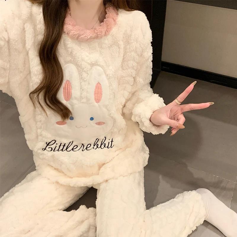 Осенне-зимние фланелевые теплые женские пижамные комплекты с круглым вырезом и длинными рукавами, женский комплект из двух предметов, милая пижама с принтом кролика, женская пижама