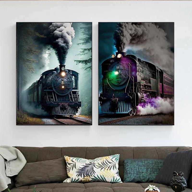 Винтажная Железная дорога Ретро Железнодорожный Паровоз Локомотив Пейзаж Художественный Постер Холст Картина Настенные Принты Картина Комната Домашний Декор