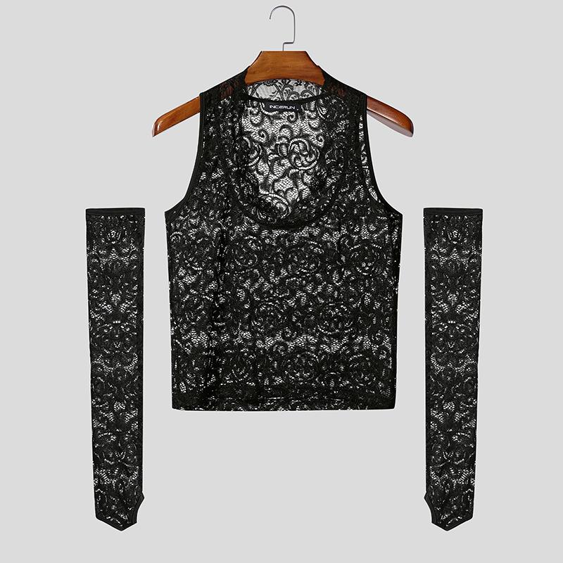 INCERUN Мужские топы-майки с V-образным вырезом, кружевные, прозрачные, для вечеринок и клубов