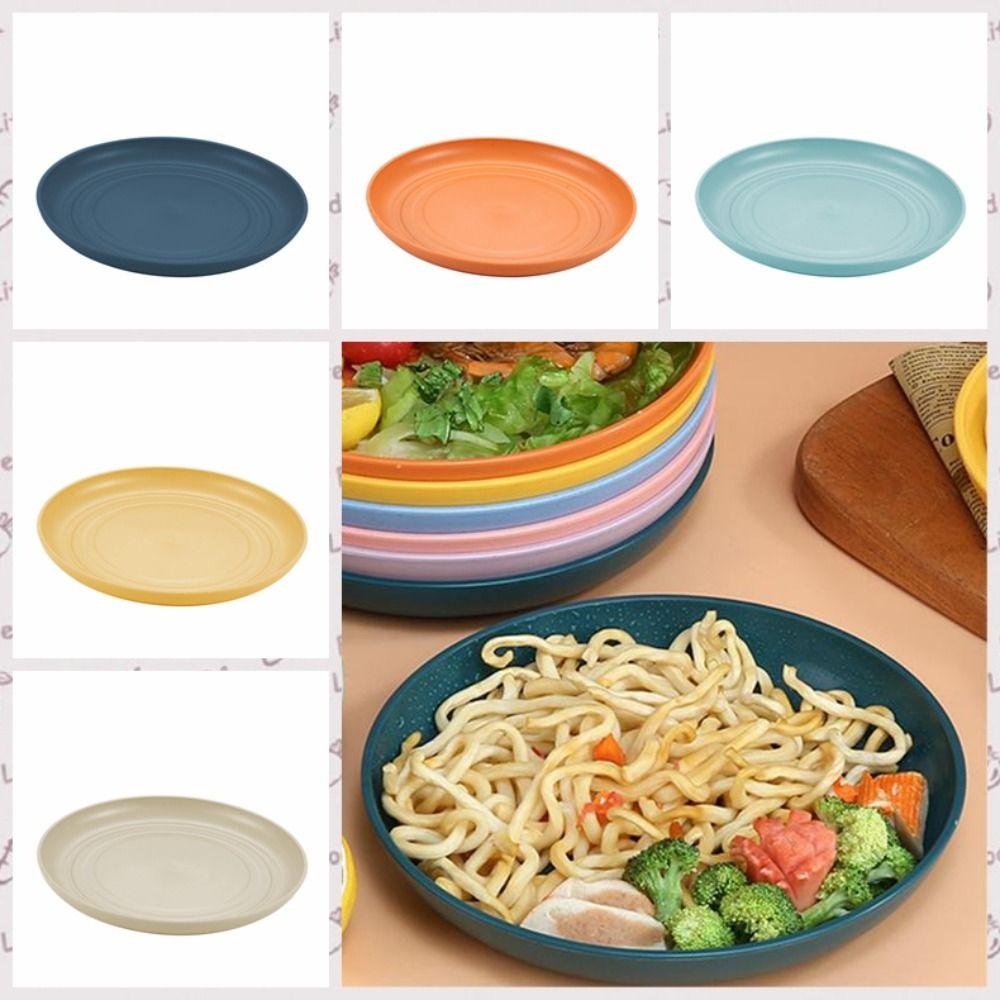 Round Wheat Straw Plates Plastic Tableware Stackable Dinner Plates Salad