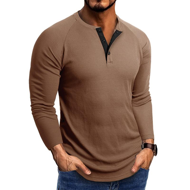Мужская повседневная футболка-henley с вафельной вязкой, с длинным рукавом