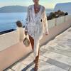 Women Bikini Cover-up V-Neck Long Sleeve See-through Embroidery Flower Pattern Lace-Up Detail Swimwear Cover-up
