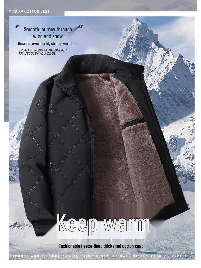 Мужское хлопковое пальто 2025 года для трансграничной торговли: Новая осенне-зимняя куртка со стойкой, на бархатной подкладке, с ромбовидной стежкой, теплая и ветрозащитная