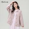 Korean Style Spring Autumn Women Denim Coat Turn-Down Collar Pink Oversized Jacket Casual Loose Cotton Baggy Outerwear