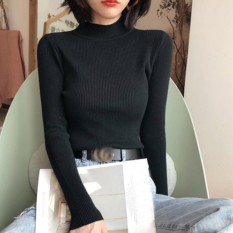 Осенний повседневный вязаный свитер, женский пуловер с полуводолазкой и длинными рукавами, свитера, женский джемпер с однотонным низом, топы 27972