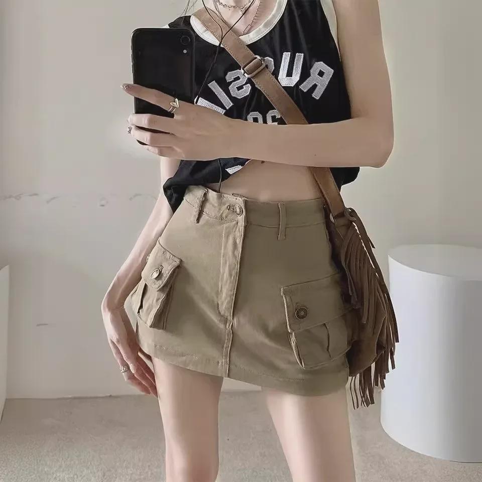 Юбка А-силуэта из денима цвета хаки с высокой посадкой - Ретро американский стиль для женщин