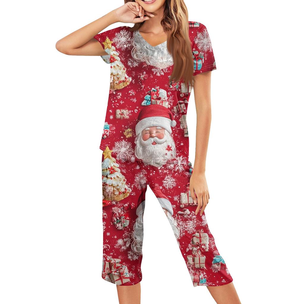 Женская повседневная спортивная пижама с коротким рукавом и укороченными брюками с рождественским принтом