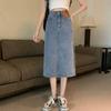 Half Side Split Design Leather Label High Waist Mid-length Section A-line Package Hip Jeans Skirt Female Comfortable Fashion Denim Bustier Skirt