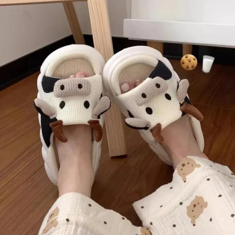Women Cow Sandals Flip Flops for Woman Cute Linen Home Slippers Men Couples Four Seasons Indoor Shoes Comfortable Cartoon Slides