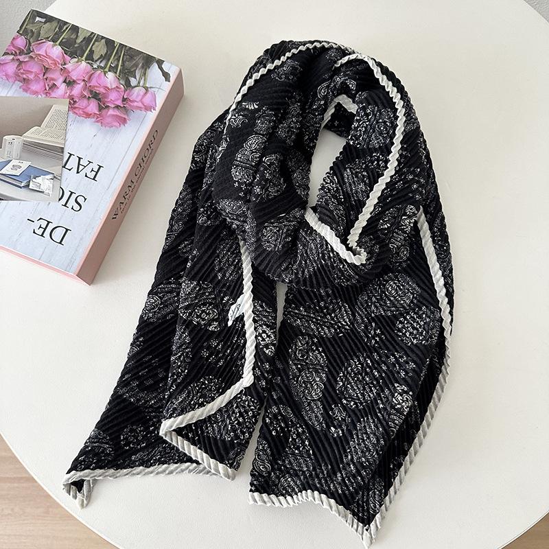 Women's Double-layer Cotton and Linen Floral Scarf Autumn and Winter Pleated Wrapped Shawl Scarf