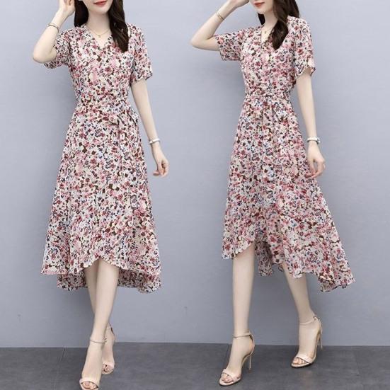 Платье с цветочным принтом для женщин с V-образным вырезом, коротким рукавом, струящимся запахом, платье миди с оборками и неровным подолом, платье А-силуэта для пляжного отдыха