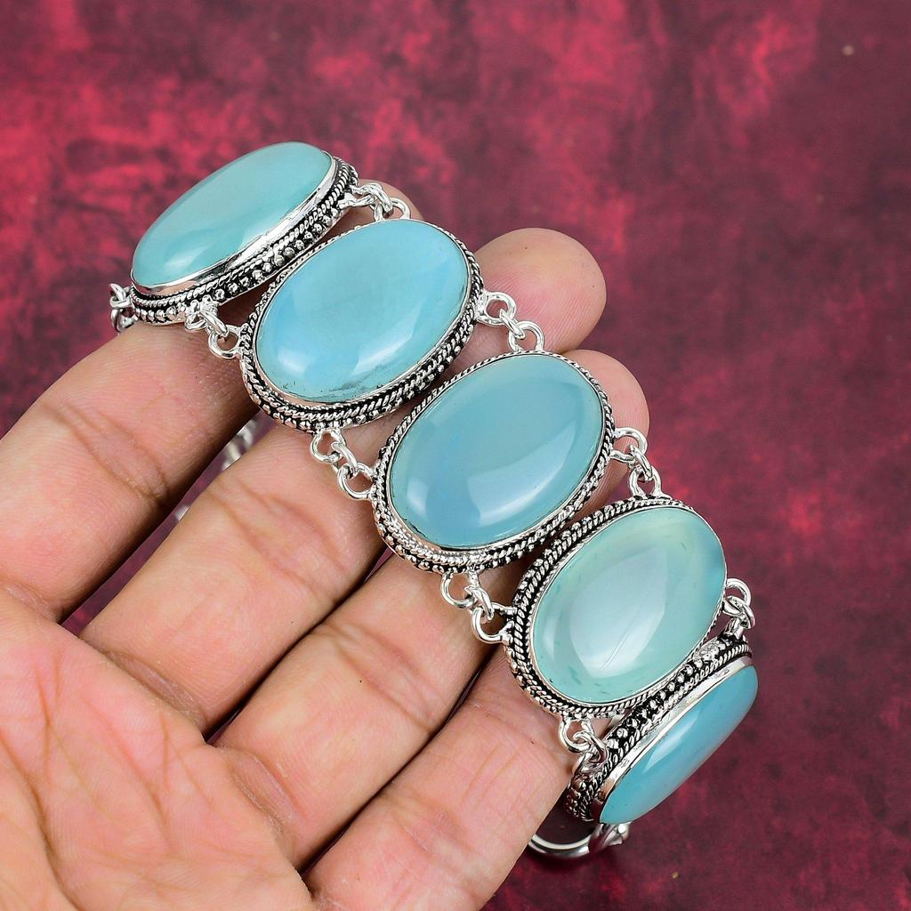 Браслет из аква-халцедона, браслет из твердого стерлингового серебра 925 пробы, ювелирные изделия из натуральных драгоценных камней, регулируемый браслет-цепочка, подарок для девушки, ювелирные изделия ручной работы