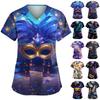 Women's Fashion V-Neck Short-Sleeved Workwear With Pockets Carnival Print Top Caregiver Uniform