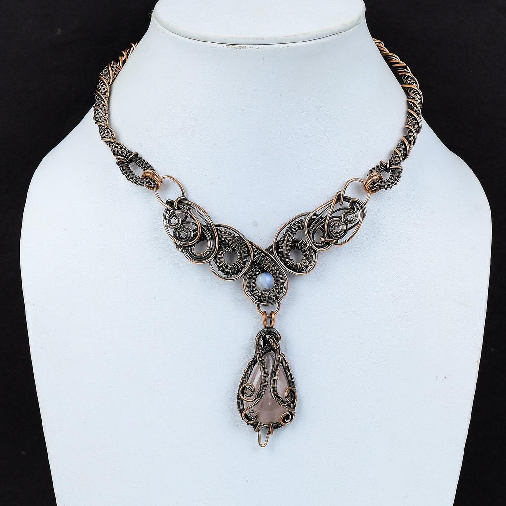 Ожерелье из розового кварца, обернутое медной проволокой, драгоценные камни, радужное ожерелье из лунного камня, ожерелье ручной работы из меди, обернутое проволокой, для подарка