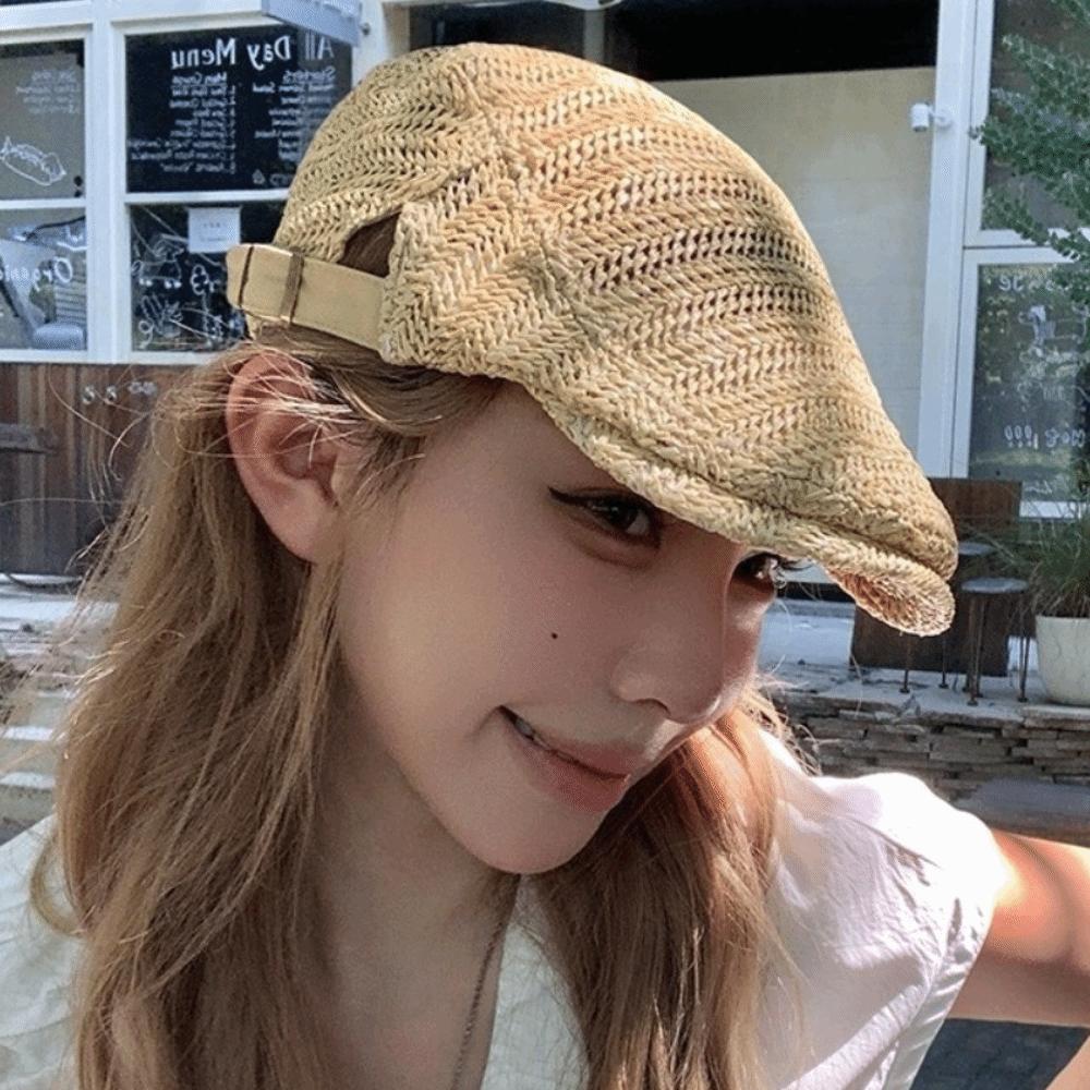 Flat Straw Beret Vacation Painter Beret Breathable Straw Newsboy Cap Unisex