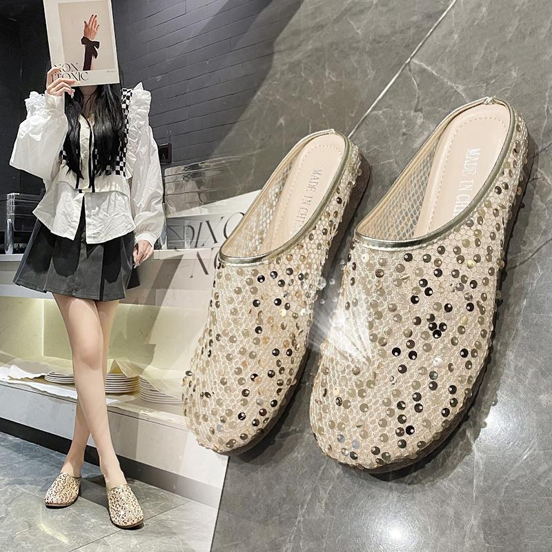 Женская обувь Летняя новая модная обувь в серебряных блестящих тапочках Baotou на плоской подошве, дизайнерские сандалии