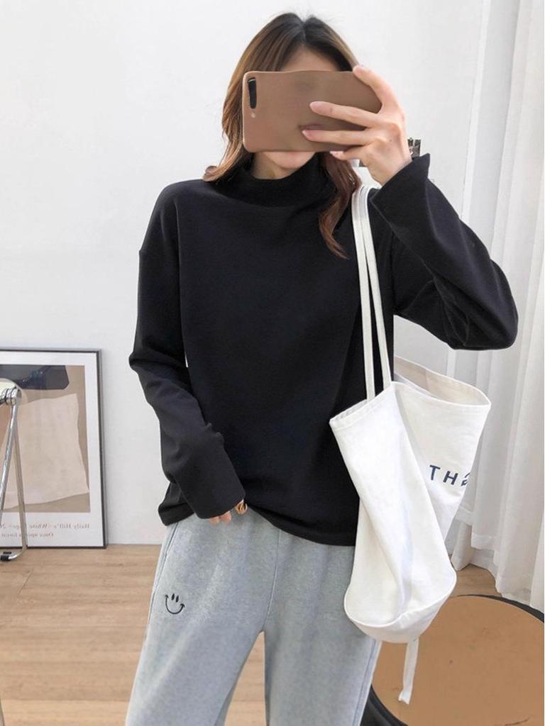 Women's Fashion Semi-High Neck Mid-Length Loose Long Sleeve Top - Autumn Base Layer T-Shirt
