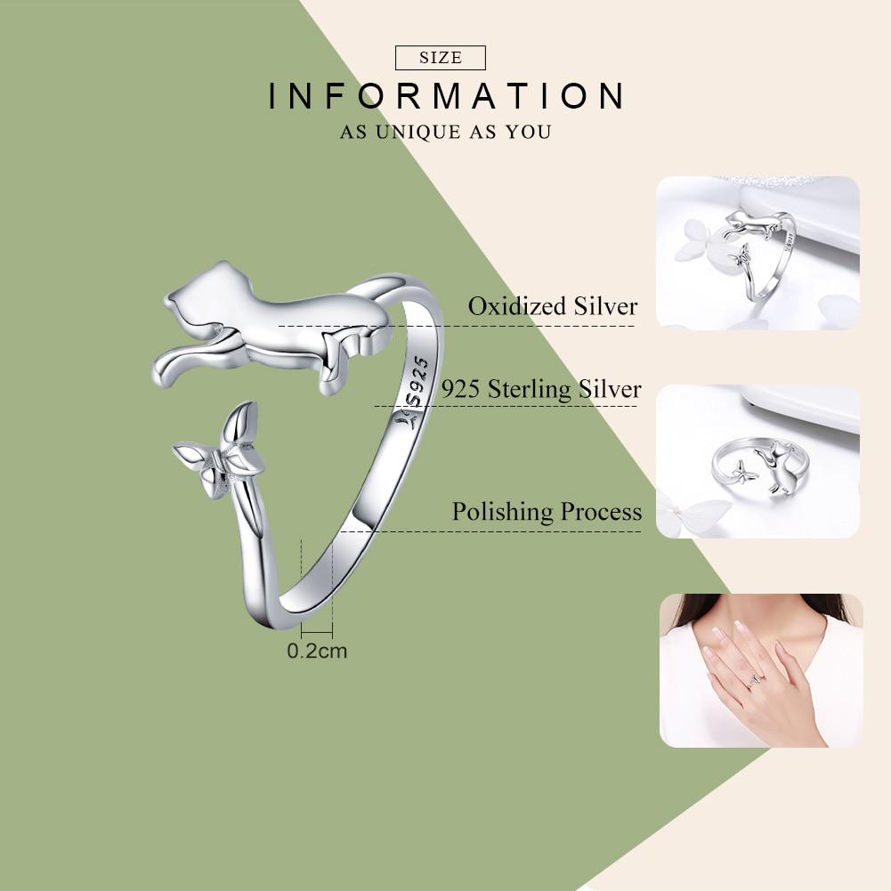 BAMOER Аутентичные регулируемые кольца на палец из стерлингового серебра 925 пробы с хвостом бабочки и кошкой