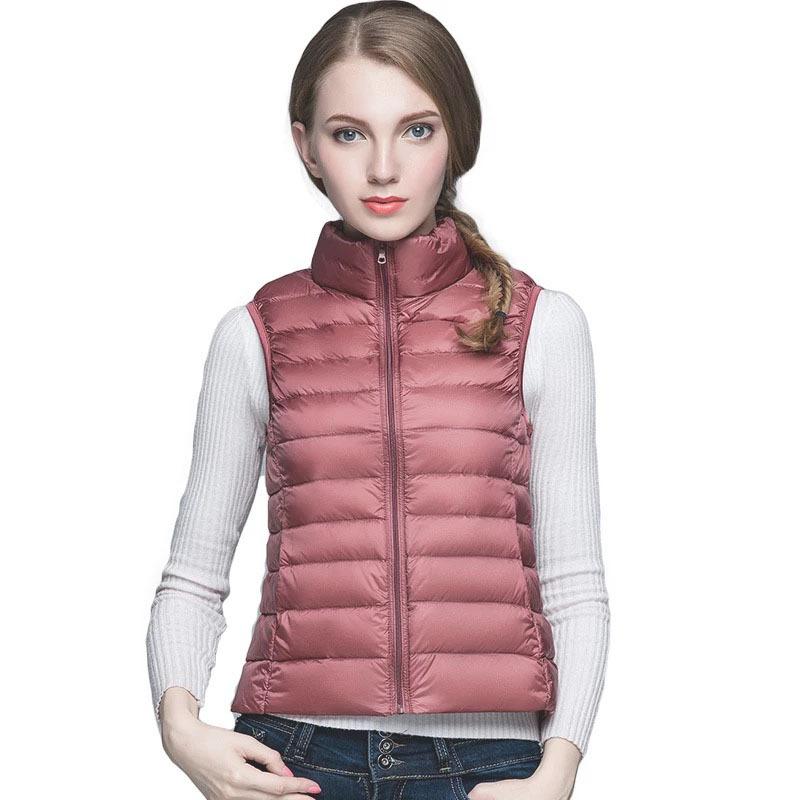 Women Autumn Stand Collor Solid Color Sleeveless Zipper Slim Lightweight Down Vest M-4XL