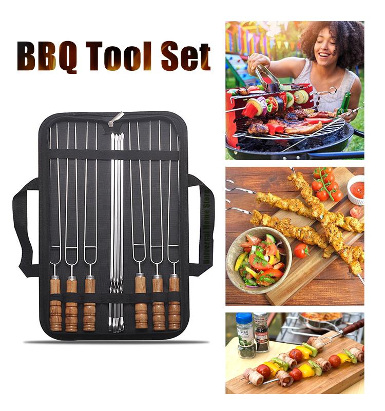 Новый набор из 10 шт./комплект из нержавеющей стали, проволочные шампуры для барбекю, деревянная ручка, палочки для жарки на гриле, сумка для хранения инструментов для кемпинга на открытом воздухе