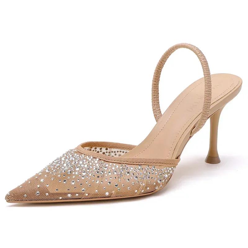 Fashion Luxury Designer Shiny Rhinestone Mesh Heeled Sandals Women Summer Sexy Pointed Toe Slingbacks Thin High Heels Elegant Dress Shoe