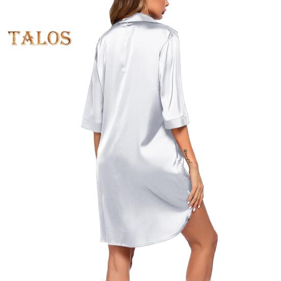 Женская летняя ночная рубашка с коротким рукавом, рубашка с отворотом, однобортная, свободная, сплошной цвет, атласная, свободная, с разрезом подол, домашняя одежда, платье для сна, ночная рубашка