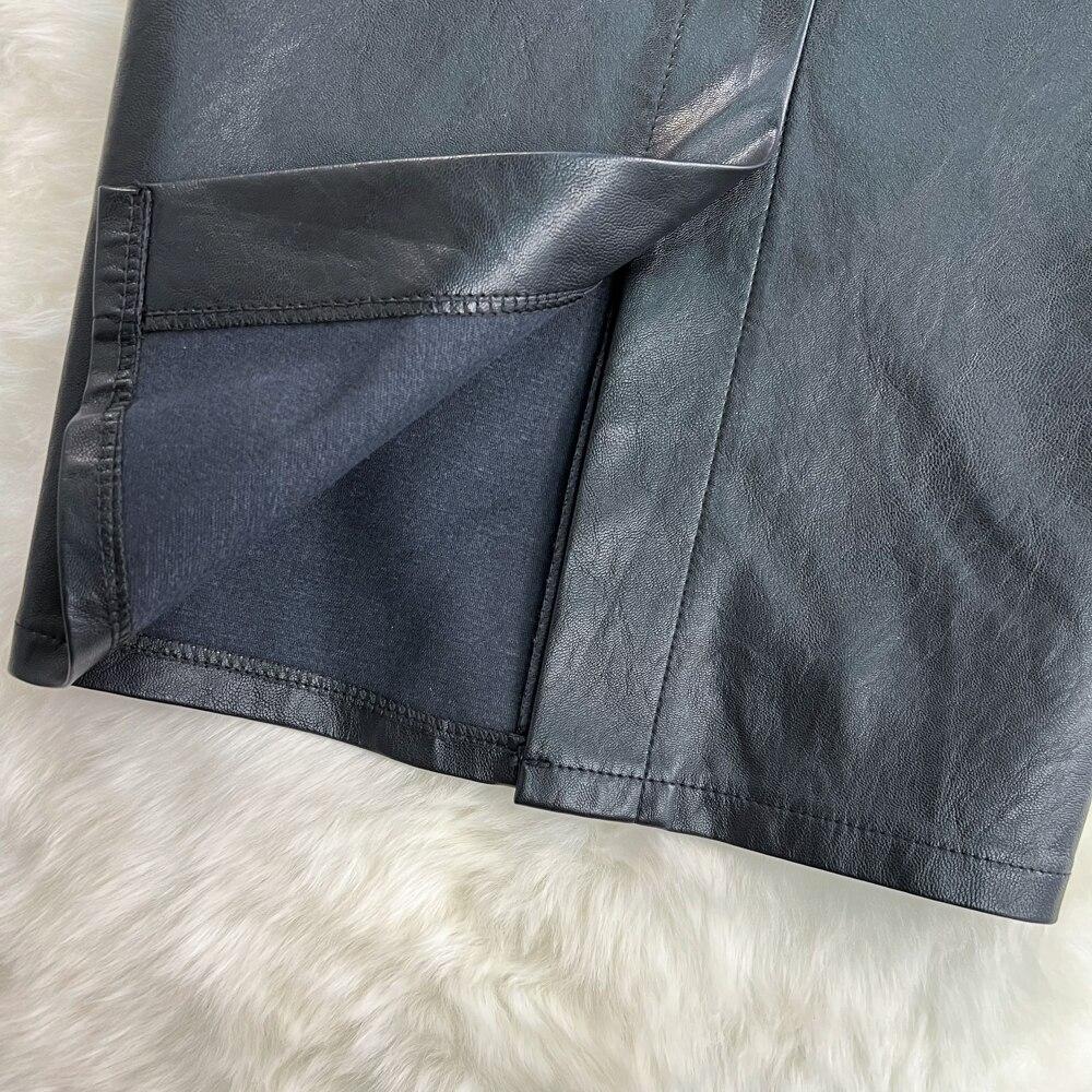 Осень и Зима Ретро Темперамент Высокая Талия Тонкий Пакет Бедра Однобортный Длинный Разрез Открытая Вымытая Кожа Юбка Половинной Длины