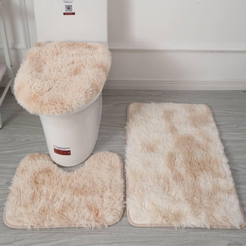Non Dye Tie Slip Mat Fluffy Plush Bathroom Toilet Seat Cover Carpet 3 Set Piece