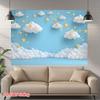 A 2D flat printed dreamy sky background with stars, made of polyester fabric.